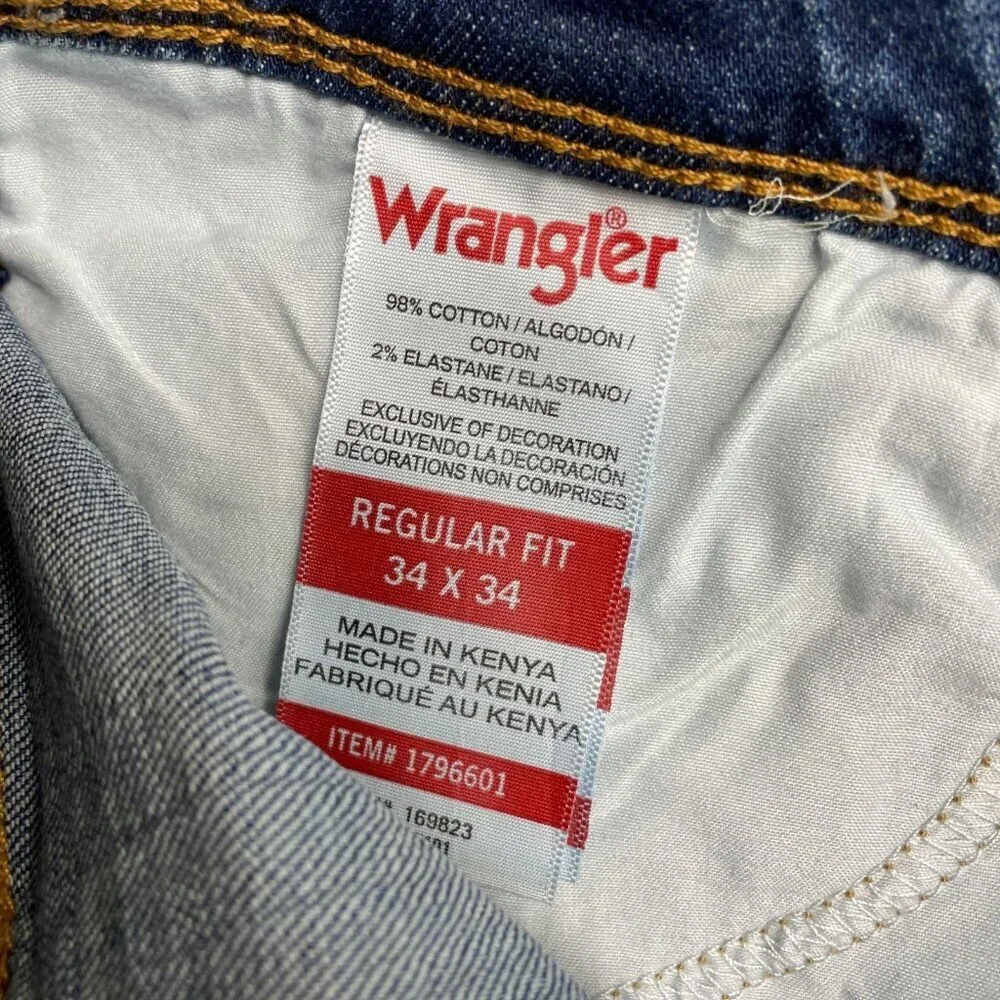 Wrangler Regular Fit Straight Leg Men's Jeans 34X34 Blue Denim Cotton N0068